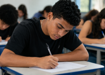 Estudante escrevendo redação do Enem em sala de aula com outros candidatos ao fundo.