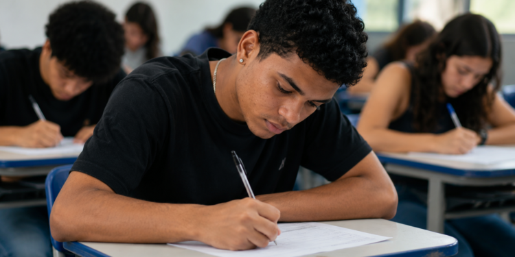 Estudante escrevendo redação do Enem em sala de aula com outros candidatos ao fundo.