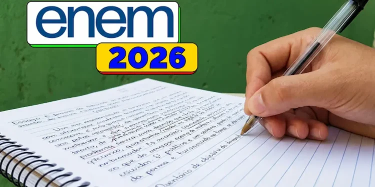Imagem ilustrativa sobre a redação do Enem 2026, com caderno, caneta e destaque para a preparação do texto dissertativo-argumentativo.