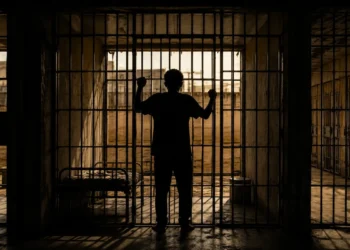 Silhueta de homem atrás das grades em cela, simbolizando a aprovação da redução da maioridade penal pela Comissão da Câmara.