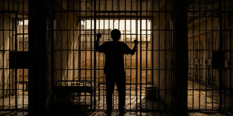 Silhueta de homem atrás das grades em cela, simbolizando a aprovação da redução da maioridade penal pela Comissão da Câmara.