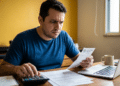 Microempreendedor analisa documentos fiscais com calculadora e notebook durante a regularização da declaração do MEI