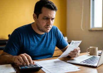 Microempreendedor analisa documentos fiscais com calculadora e notebook durante a regularização da declaração do MEI