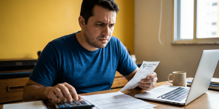Microempreendedor analisa documentos fiscais com calculadora e notebook durante a regularização da declaração do MEI