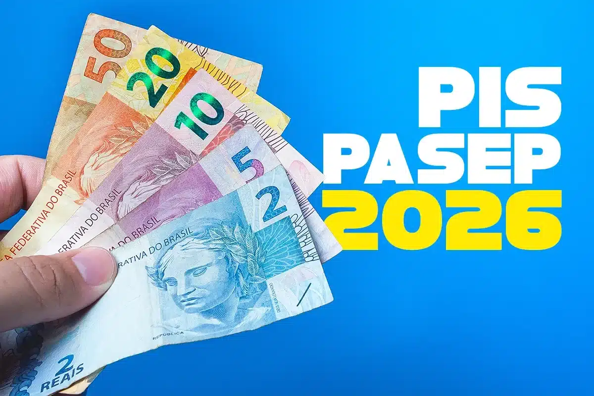 Ressarcimento das cotas do PIS/Pasep Mão segurando cédulas do real com a inscrição “PIS/Pasep 2026”, representando o ressarcimento das cotas do PIS/Pasep.