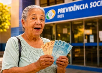 Idosa segura cédulas de dinheiro em frente a uma agência do INSS, representando valores ressarcidos pelo instituto.