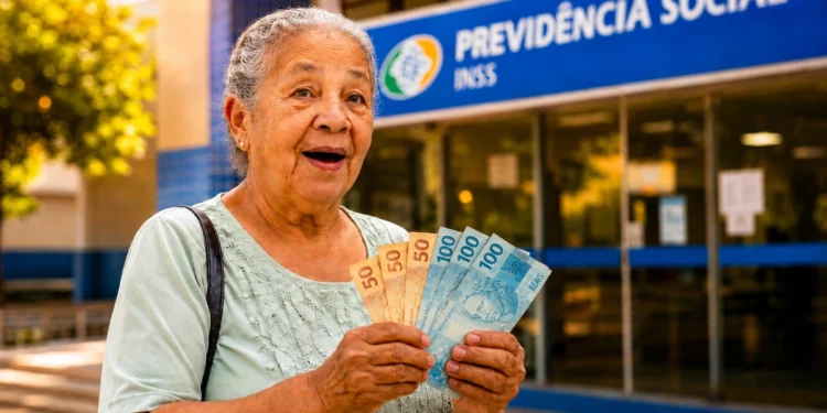 Idosa segura cédulas de dinheiro em frente a uma agência do INSS, representando valores ressarcidos pelo instituto.