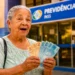 Idosa segura cédulas de dinheiro em frente a uma agência do INSS, representando valores ressarcidos pelo instituto.