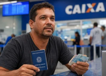 Trabalhador brasileiro segura carteira de trabalho e dinheiro em agência da Caixa, representando o ressarcimento do PIS/Pasep