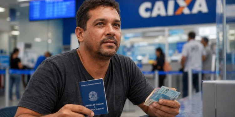 Trabalhador brasileiro segura carteira de trabalho e dinheiro em agência da Caixa, representando o ressarcimento do PIS/Pasep