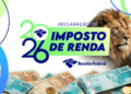 Arte do Imposto de Renda 2026 com o Leão da Receita anuncia o lote de restituição do Imposto de Renda