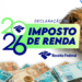 Arte do Imposto de Renda 2026 com o Leão da Receita anuncia o lote de restituição do Imposto de Renda