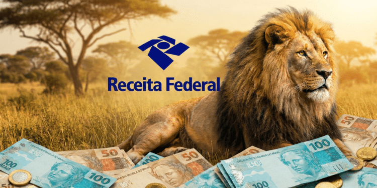 Leão da Receita Federal com cédulas ilustra os lotes da restituição do Imposto de Renda 2026