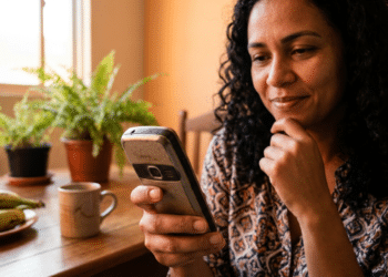 Mulher utiliza celular básico em mesa de cozinha com expressão de descoberta, em ambiente familiar e iluminado