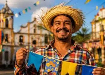 Trabalhador brasileiro sorrindo em festa de São João, com bandeirinhas coloridas e chapéu de palha, representando a data comemorativa de São João.
