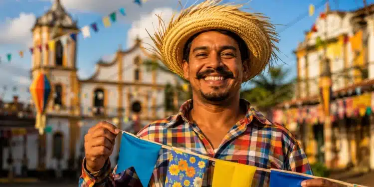 Trabalhador brasileiro sorrindo em festa de São João, com bandeirinhas coloridas e chapéu de palha, representando a data comemorativa de São João.