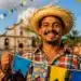Trabalhador brasileiro sorrindo em festa de São João, com bandeirinhas coloridas e chapéu de palha, representando a data comemorativa de São João.
