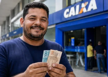 Homem sorridente segurando cédulas de real em frente a uma agência da Caixa, representando o saque de R$ 6.220.