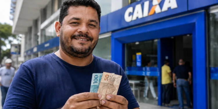 Homem sorridente segurando cédulas de real em frente a uma agência da Caixa, representando o saque de R$ 6.220.