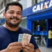 Homem sorridente segurando cédulas de real em frente a uma agência da Caixa, representando o saque de R$ 6.220.
