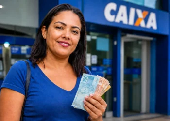 Mulher segurando cédulas de real em frente a uma agência da Caixa, representando saque de R$ 6.220 em cidades habilitadas.