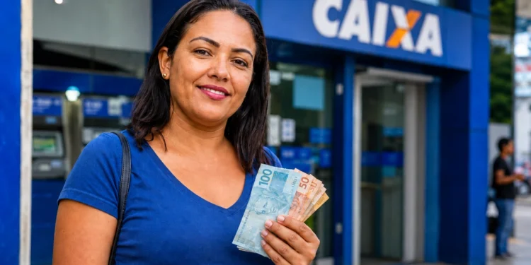 Mulher segurando cédulas de real em frente a uma agência da Caixa, representando saque de R$ 6.220 em cidades habilitadas.