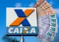 Placa da Caixa Econômica Federal ao lado de cédulas de real, representando o saque de até R$ 6.220 para cidades habilitadas.