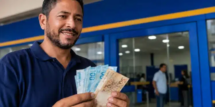 Homem sorridente segura cédulas de reais em agência bancária, representando a liberação do saque de R$ 6.220 pela Caixa.