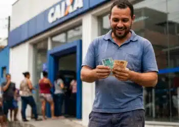 Homem sorridente contando dinheiro em frente à agência da Caixa Econômica Federal, representando o saque de R$ 6.220.