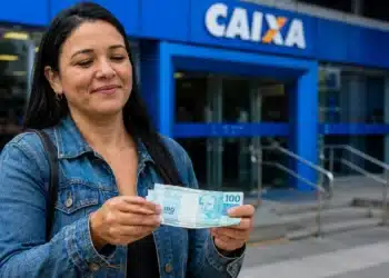 Mulher segurando notas de dinheiro em frente a uma agência da Caixa, representando o saque de R$ 6.220.