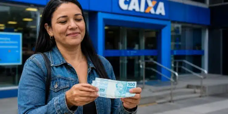 Mulher segurando notas de dinheiro em frente a uma agência da Caixa, representando o saque de R$ 6.220.