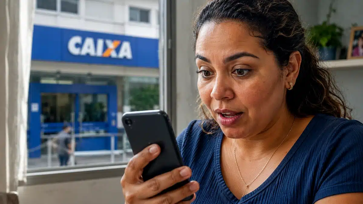 Mulher mexendo no celular, representando o processo de solicitação do saque de R$ 6.220 da Caixa pelo aplicativo.