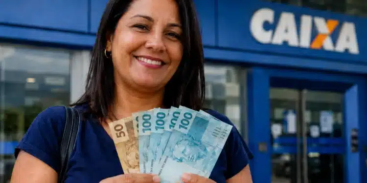 Mulher sorrindo com notas de reais em frente a uma agência da Caixa, representando o saque de R$ 6.220.