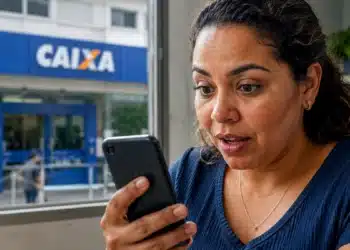 Mulher mexendo no celular, representando o processo de solicitação do saque de R$ 6.220 da Caixa pelo aplicativo.