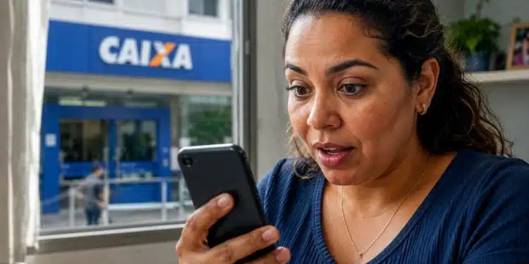 Mulher mexendo no celular, representando o processo de solicitação do saque de R$ 6.220 da Caixa pelo aplicativo.