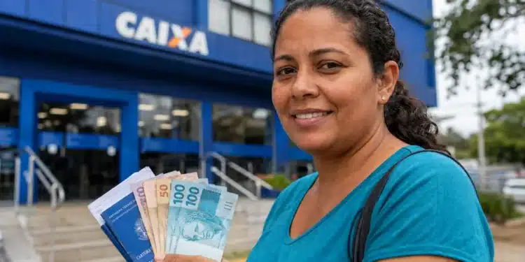 Mulher segurando documentos em frente a agência da Caixa, com dinheiro nas mãos, representando a solicitação do saque de R$ 6.220 para moradores das 9 cidades habilitadas.