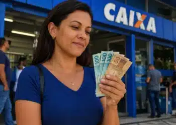 Mulher segura cédulas de real em frente a uma agência da Caixa, representando a solicitação do saque de R$ 6.220.