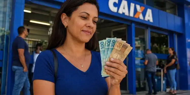 Mulher segura cédulas de real em frente a uma agência da Caixa, representando a solicitação do saque de R$ 6.220.