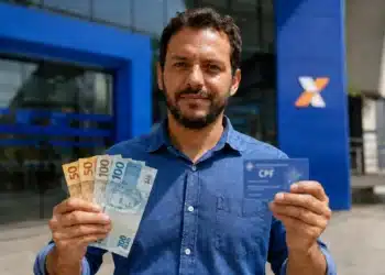 Homem segurando dinheiro em reais e cartão CPF em frente a uma agência da Caixa Econômica Federal, ilustrando o saque de saldo acima de R$ 6 mil do FGTS.