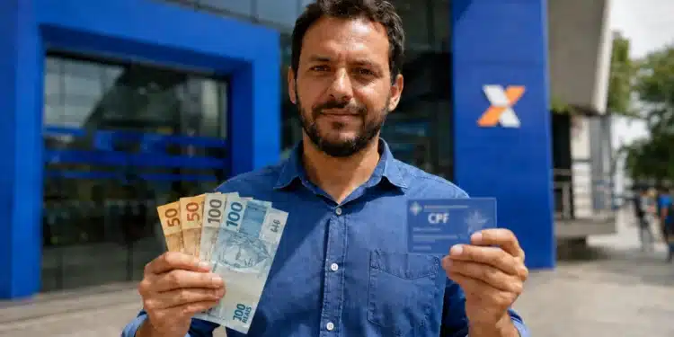 Homem segurando dinheiro em reais e cartão CPF em frente a uma agência da Caixa Econômica Federal, ilustrando o saque de saldo acima de R$ 6 mil do FGTS.