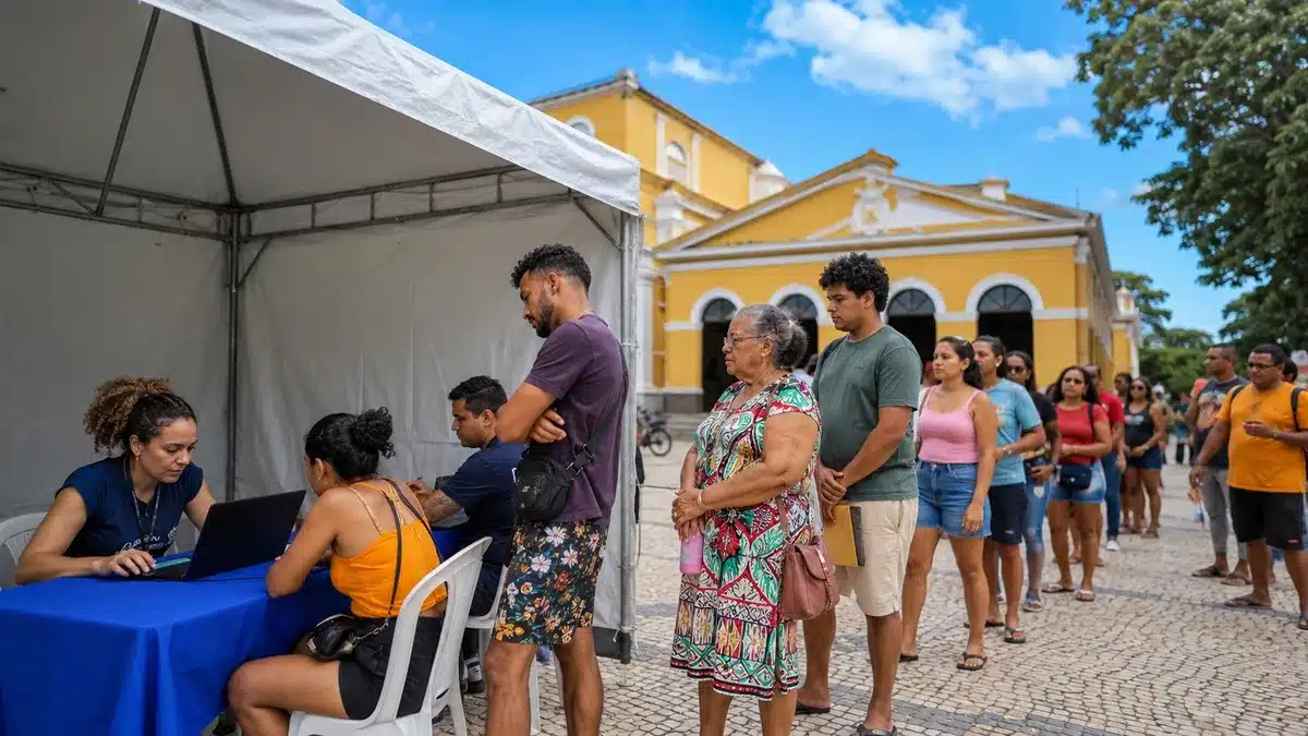 Fila de moradores para atendimento representa a oferta de serviços federais sem agendamento em Belém, no Pará.