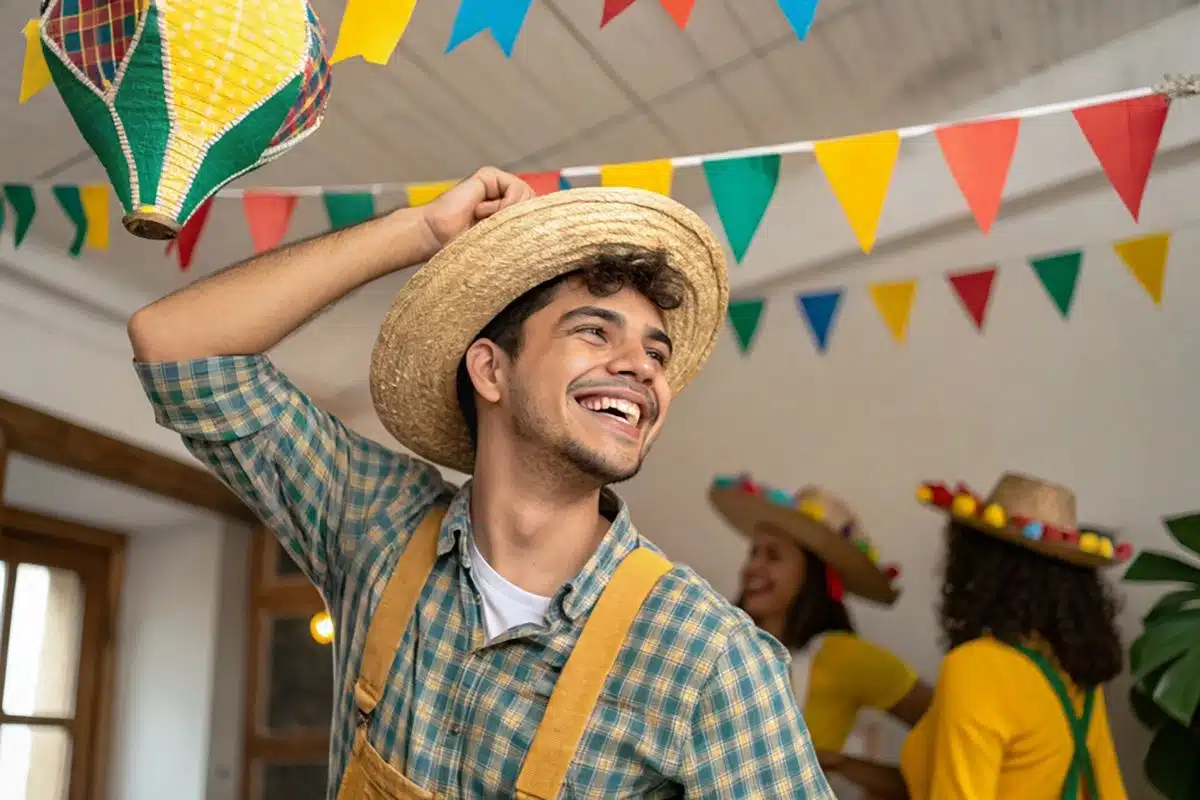 Folga prolongada no São João - Servidores públicos de João Pessoa e Salvador Homem sorrindo em festa junina com chapéu de palha e bandeirinhas coloridas, representando a folga prolongada no São João