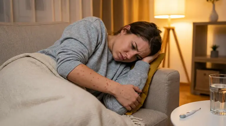 Mulher deitada no sofá com sintomas após vacinação, representando alerta para quem tomou a vacina recentemente.