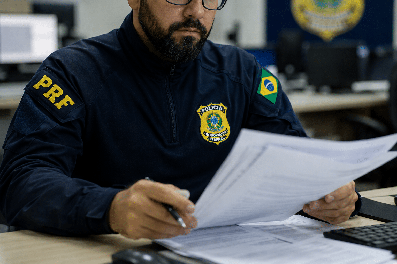 Policial Rodoviário Federal com uniforme azul escuro, óculos e barba, segurando documentos e caneta em escritório.