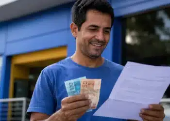 Homem brasileiro sorridente conferindo documento e dinheiro em frente a um banco, representando o saque de R$ 6.220.