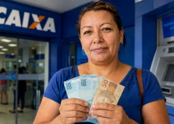 Mulher segura cédulas de real em frente a uma agência da Caixa, representando o saque de R$ 6,2 mil liberado para moradores de 8 cidades.