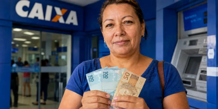 Mulher segura cédulas de real em frente a uma agência da Caixa, representando o saque de R$ 6,2 mil liberado para moradores de 8 cidades.