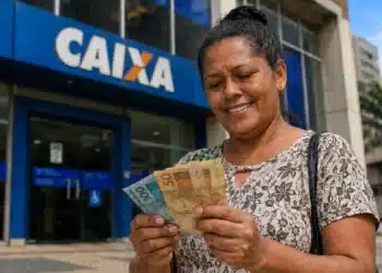 Mulher sorrindo ao segurar cédulas de real em frente a uma agência da Caixa, representando a solicitação do saque de R$ 6.220.