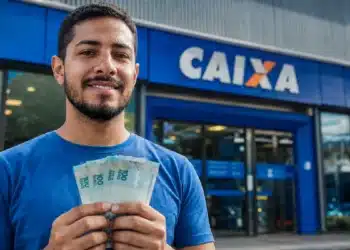 Homem segurando dinheiro em frente à agência da Caixa Econômica Federal, ilustrando a solicitação do valor de R$ 6.220.