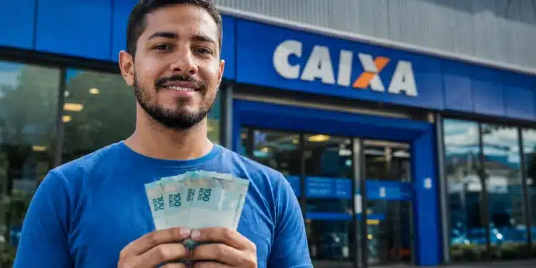 Homem segurando dinheiro em frente à agência da Caixa Econômica Federal, ilustrando a solicitação do valor de R$ 6.220.